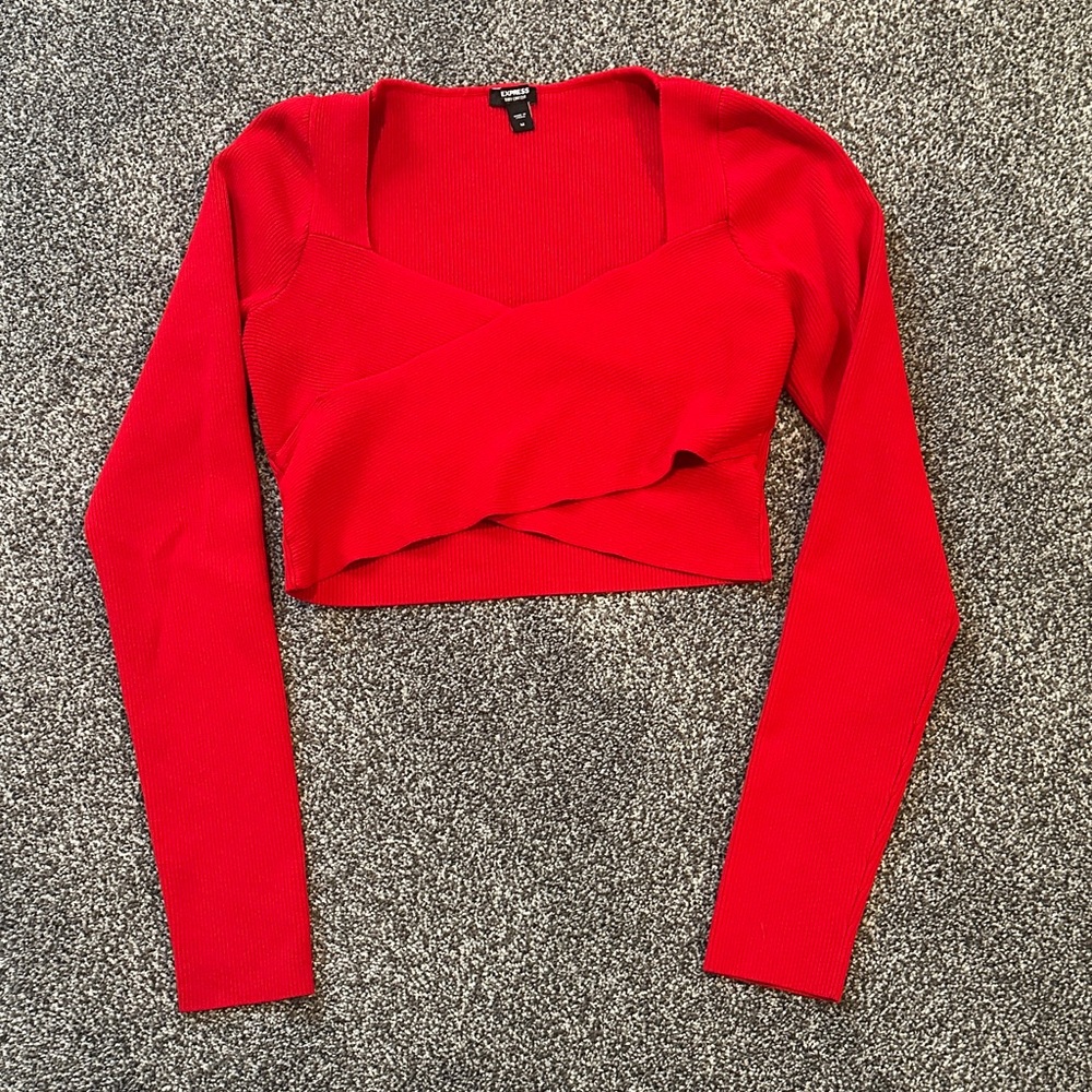 EXPRESS Red Criss Cross Ribbed Long Sleeve Women's Crop Top EUC